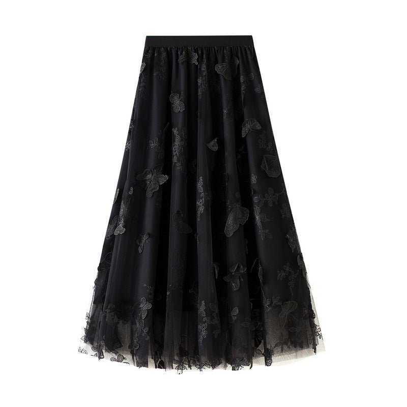 Spring and summer new high-waisted thin A-line lace butterfly fairy mesh mid-length skirt women's skirt 8652