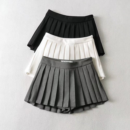 YPFF's new European and American style high-waisted front short back long anti-glare A-line pleated short skirt with lined umbrella skirt tennis skirt