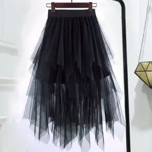 2021 new irregular mesh skirt female Korean version of the high waist thin a-line fairy puffy skirt trend