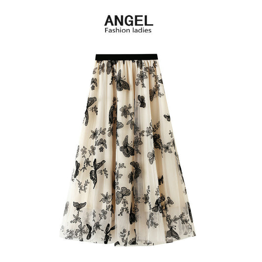 Spring and summer new high-waisted thin A-line lace butterfly fairy mesh mid-length skirt women's skirt 8652
