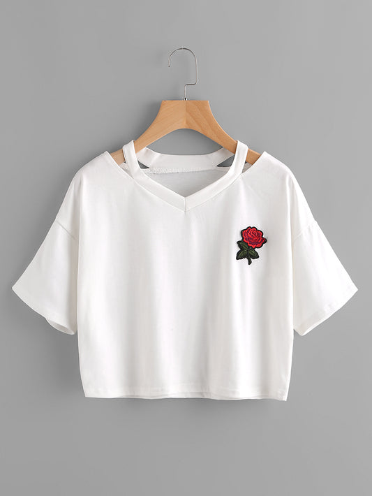 European and American AA style sexy embroidered rose short T-shirt