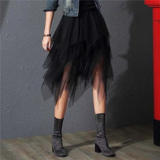 2021 new irregular mesh skirt female Korean version of the high waist thin a-line fairy puffy skirt trend